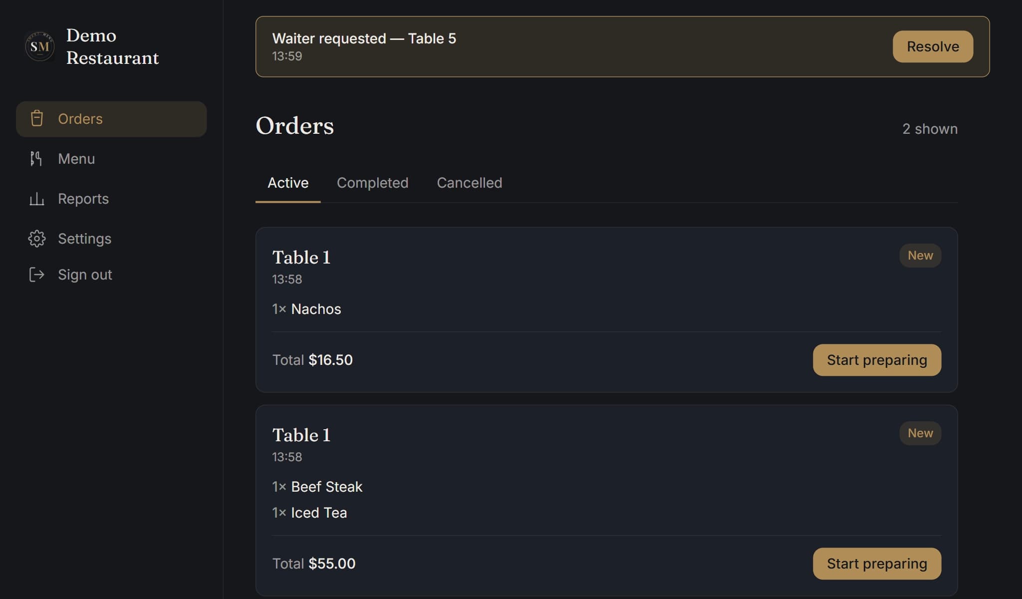 Orders screen in the staff dashboard, desktop view
