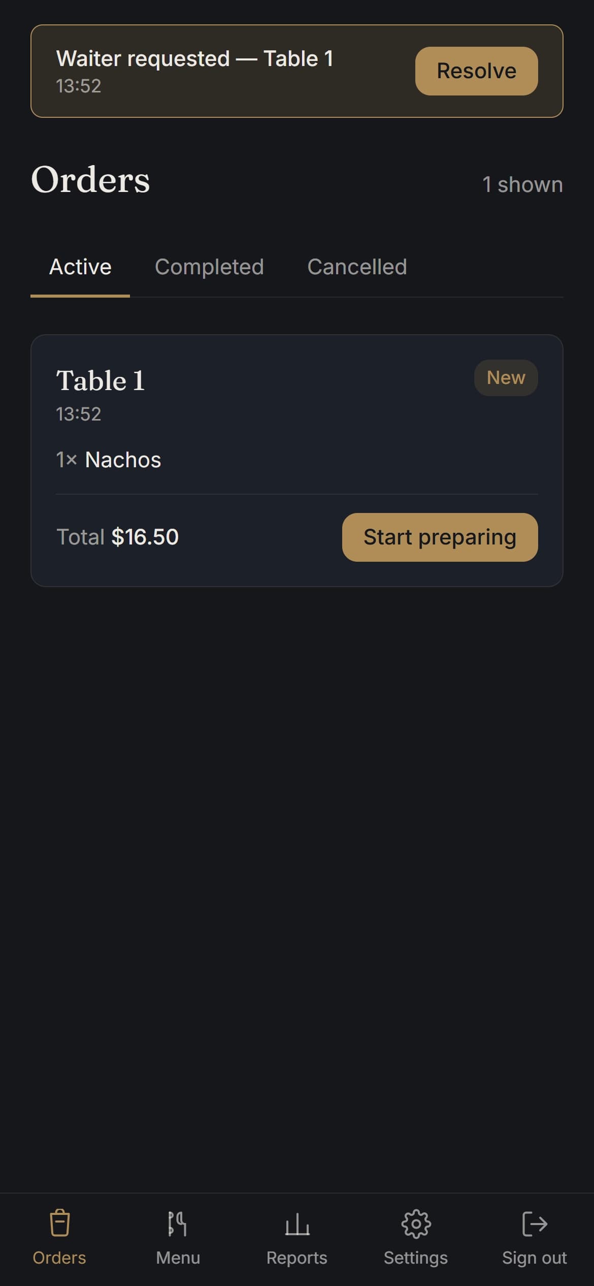 Orders screen in the staff dashboard, mobile view